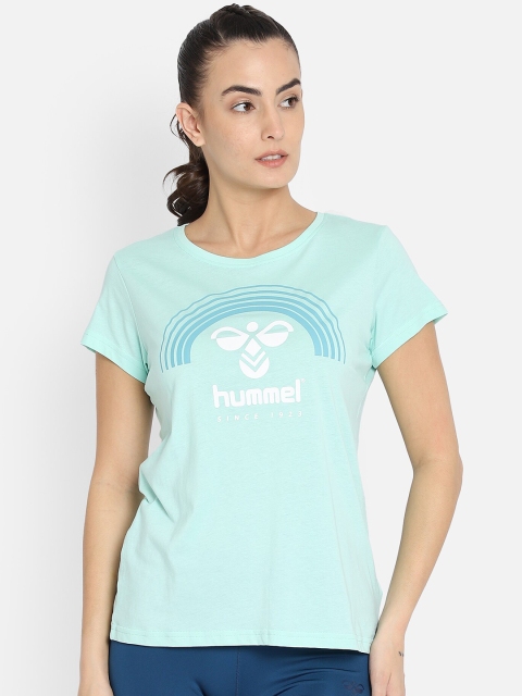 

hummel Women Green & White Typography Printed Pure Cotton T-shirt