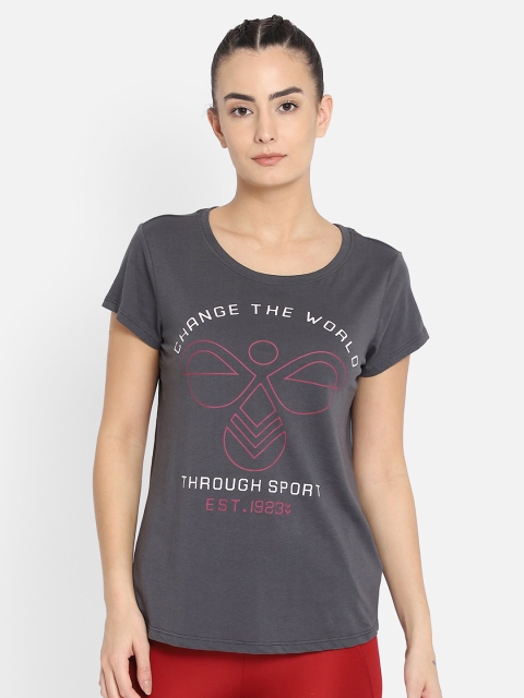 

hummel Women Grey & White Typography Printed Pure Cotton T-shirt