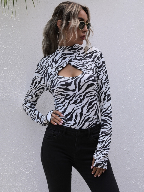 

URBANIC Women Black & White Tiger Print Turtle Neck Bodysuit