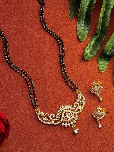

aadita Gold-Plated White Stone-Studded Mangalsutra With Earrings