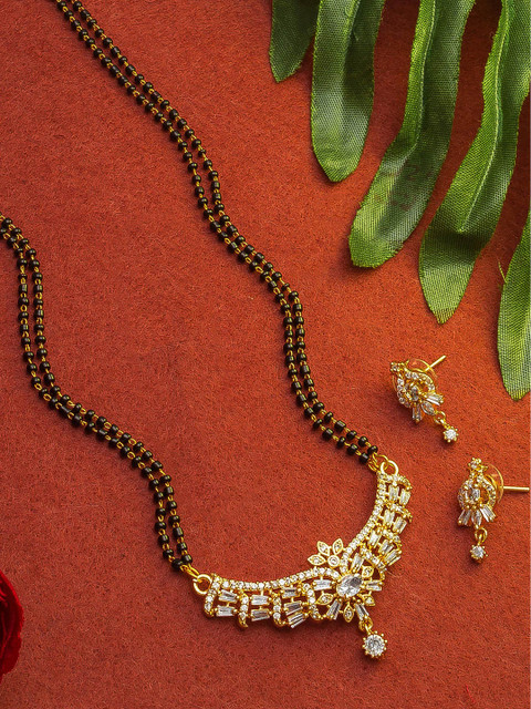 

aadita Gold-Plated White & Black Stone-Studded & Beaded Mangalsutra Set