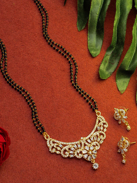 

aadita Gold-Plated Black & White Stone-Studded Mangalsutra Set