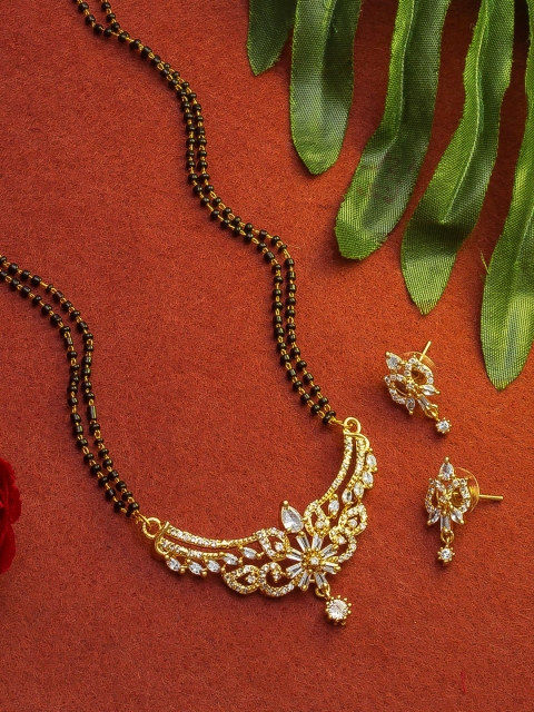 

aadita Gold-Plated White Stone Studded & Black Beaded Mangalsutra Set