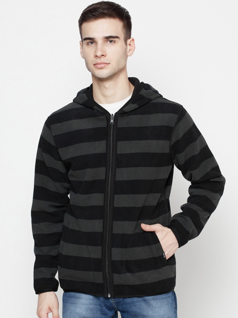 

Octave Men Olive Green Striped Fleece Hooded Sweatshirt