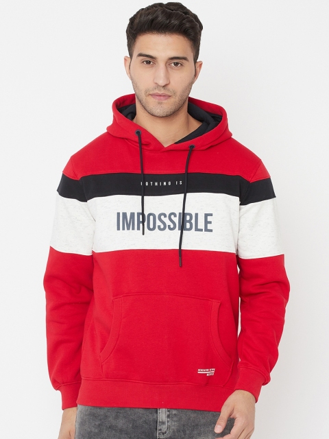 

Octave Men Red Colourblocked Fleece Hooded Sweatshirt