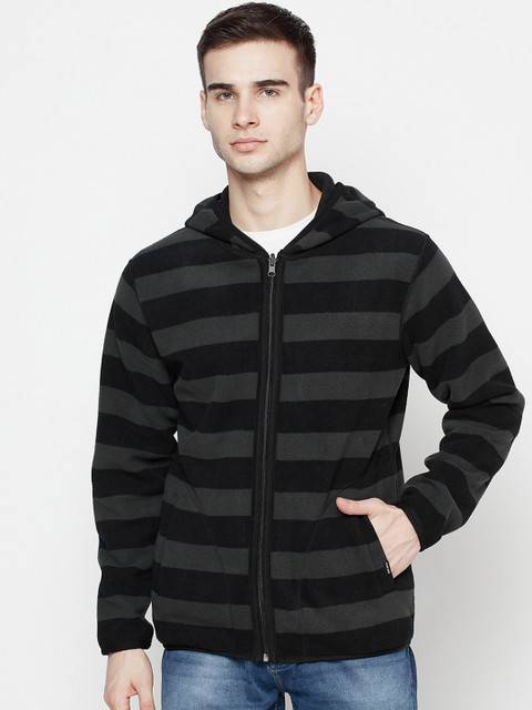 

Octave Men Olive Green Striped Fleece Hooded Sweatshirt