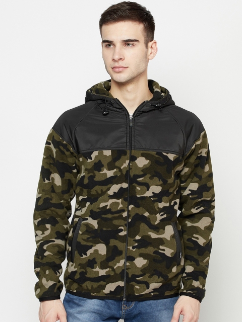 

Octave Men Olive Green Printed Fleece Hooded Sweatshirt