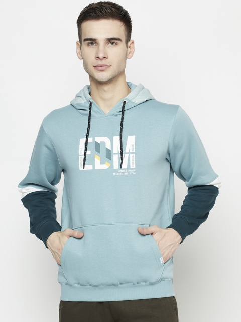 

Octave Men Teal Blue Printed Fleece Hooded Sweatshirt