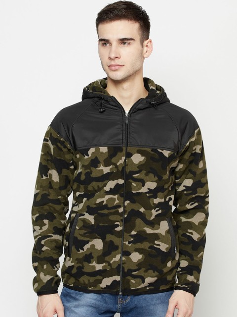 

Octave Men Olive Green Printed Hooded Fleece Sweatshirt