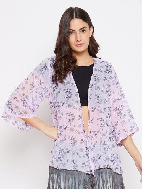 

PURYS Women Pink & Grey Printed Shrug