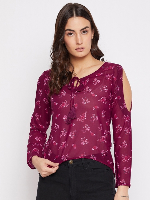 

PURYS Purple & White Floral Tie-Up Neck Georgette Regular Top