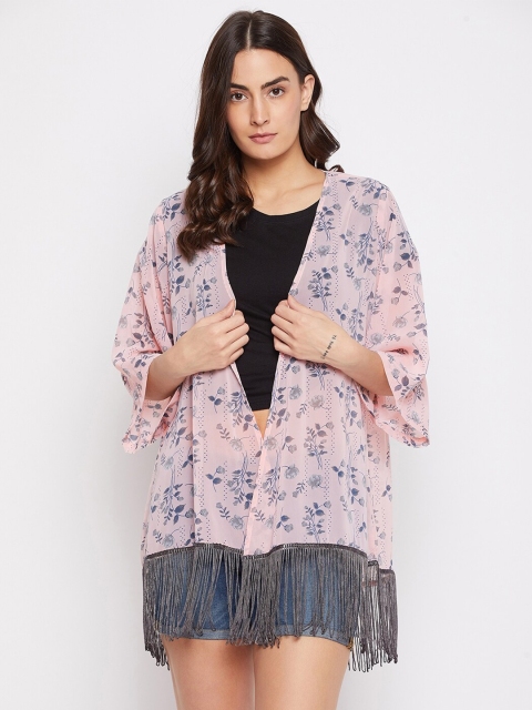 

PURYS Women Peach-Coloured & Grey Printed Fringed Kimono Sleeve Shrug