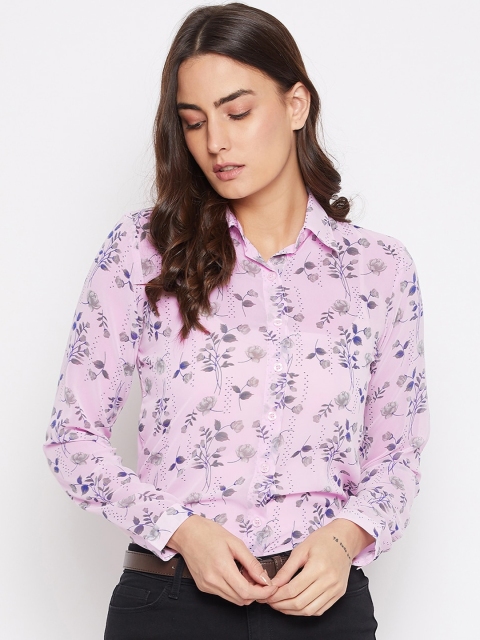 

PURYS Women Pink Floral Sheer Printed Casual Shirt