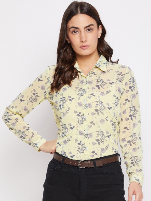 

PURYS Women Yellow Floral Sheer Printed Casual Shirt