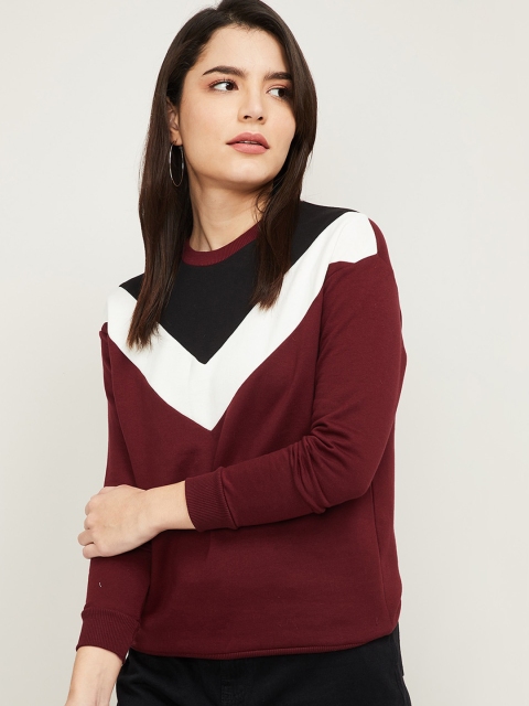 

Bossini Women Maroon & White Colourblocked Sweatshirt