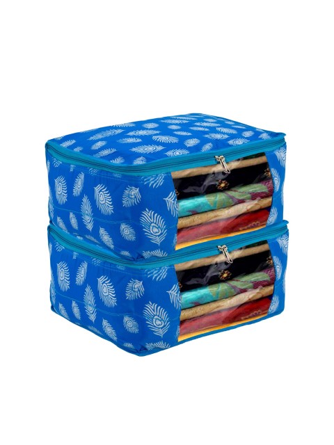 

Kuber Industries Pack of 2 Blue Leaf Printed Saree Cover With Transparent Window