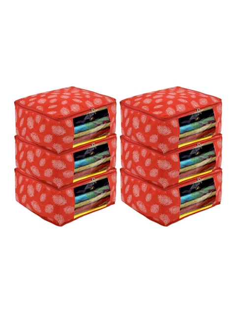 

Kuber Industries Pack Of 6 Leaf Printed Saree Covers With Transparent Window, Orange