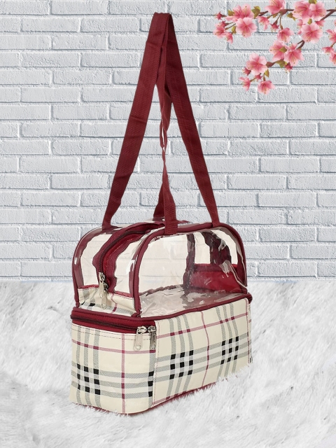 

Kuber Industries Women Maroon Pack of 2 Check Design Double Layer Travel Toiletry Bag