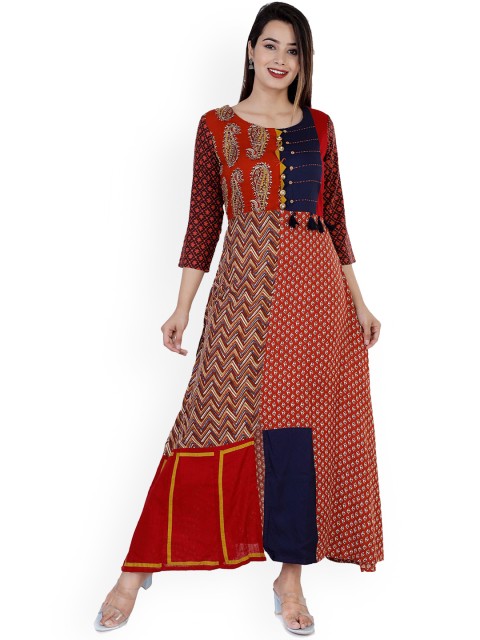 

PNEHA Red & Navy Blue Ethnic Motifs Ethnic Maxi Dress