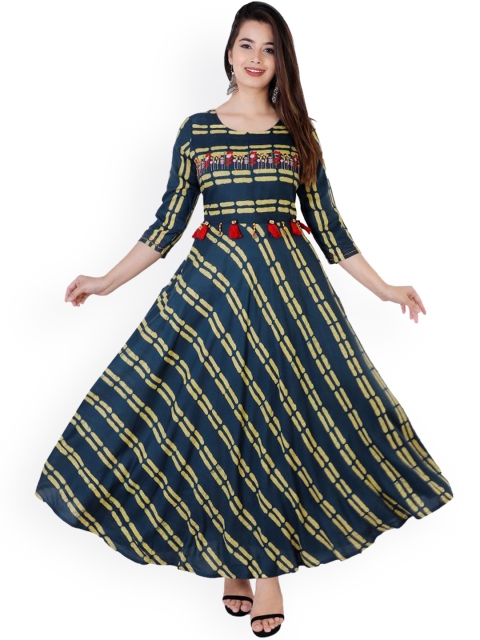 

PNEHA Women Blue Striped Flared Sleeves Mirror Work Anarkali Kurta