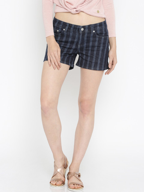 

ONLY Women Navy Blue Striped Denim Shorts