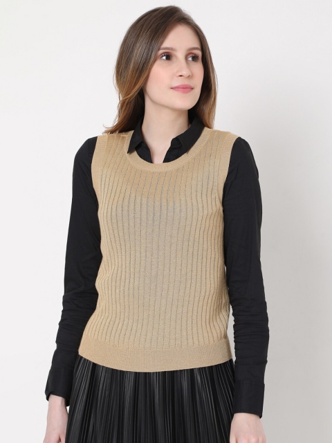 

Vero Moda Women Beige Wool Striped Sweater Vest