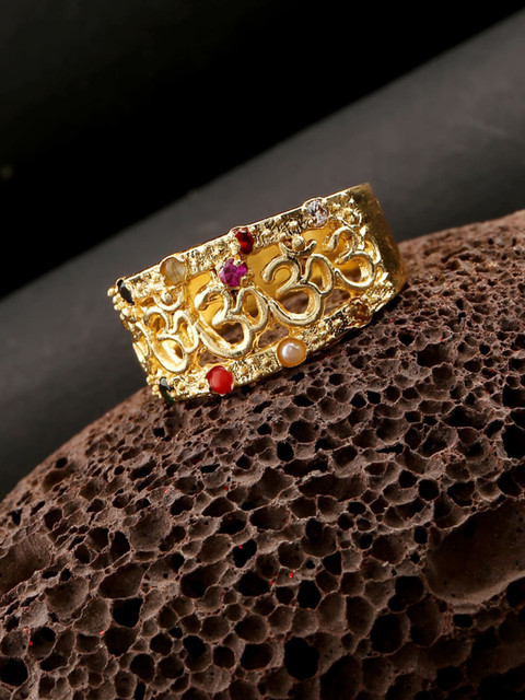 

Voylla Men Gold-Plated Pink & White Stone-Studded Finger Ring