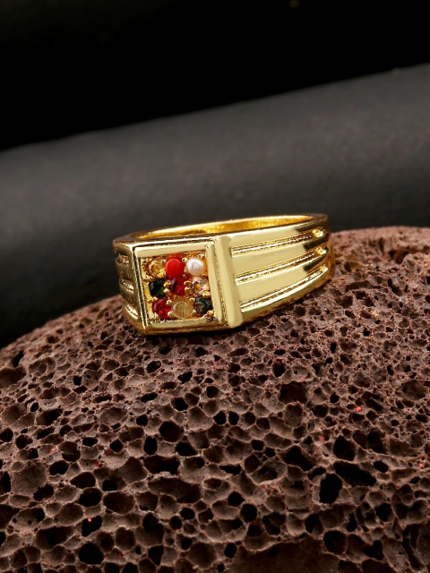 

Voylla Gold-Plated & Red Stones-Studded Kailasha Om Trishul Finger Ring