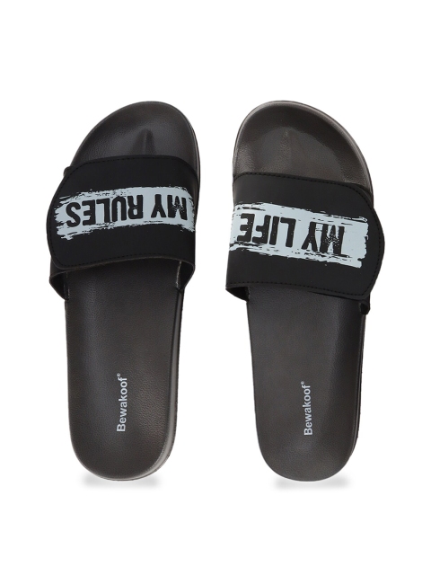

Bewakoof Men Black & Grey Printed Rubber Lightweight Adjustable Strap Sliders