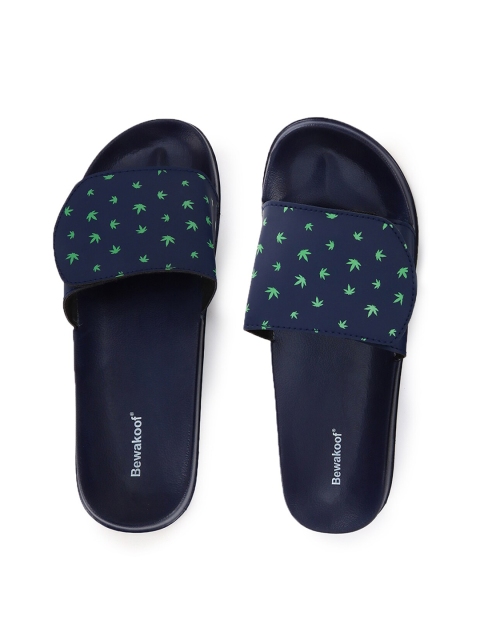 

Bewakoof Men Navy Blue & Green Printed Rubber Sliders