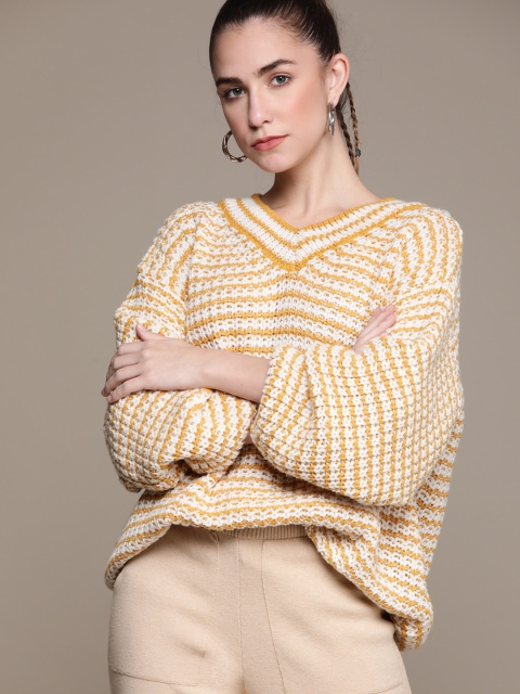 

URBANIC Women Yellow & White Striped Pullover