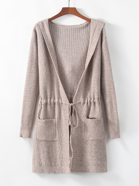 

URBANIC Women Beige Chevron Patterned Hooded Longline Tie-Up Front-Open Sweater