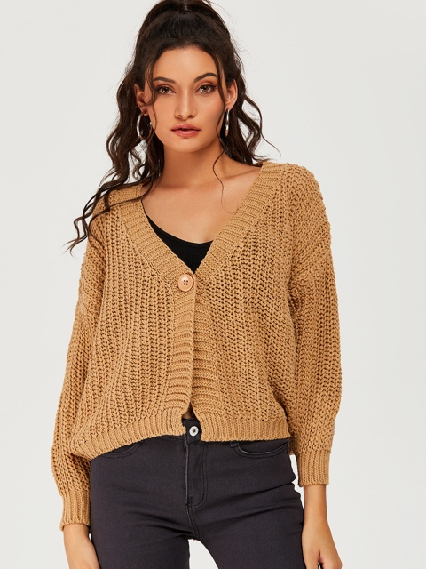 

URBANIC Women Brown Open Knit Self-Design Cardigan