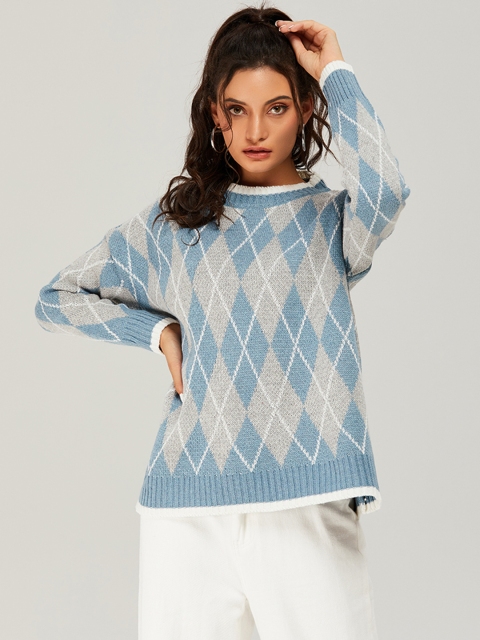 

URBANIC Women Blue & Grey Argyle Pullover Sweater