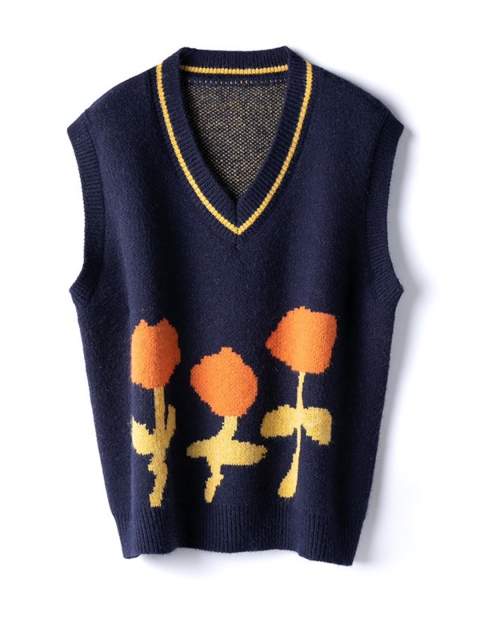 

URBANIC Women Navy Blue & Orange Floral Patterned Sweater Vest