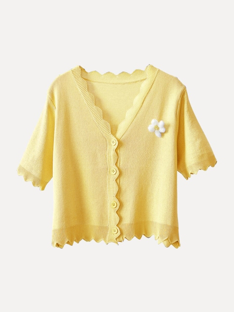 

URBANIC Women Yellow Solid Cardigan with Applique Detail