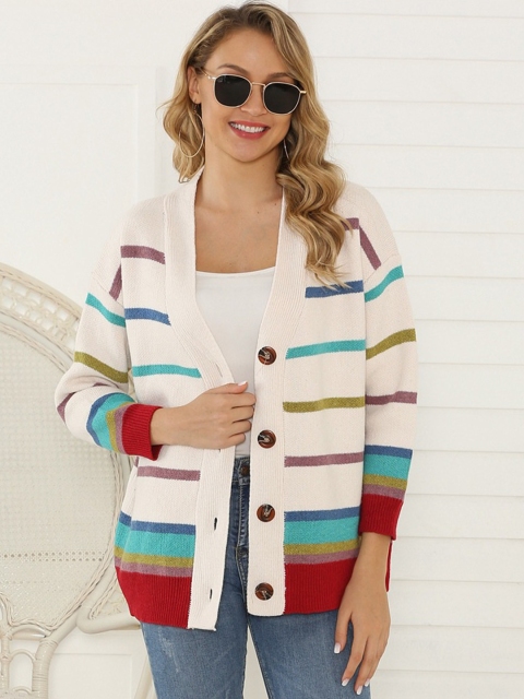 

URBANIC Women Off White & Maroon Striped Cardigan Sweater