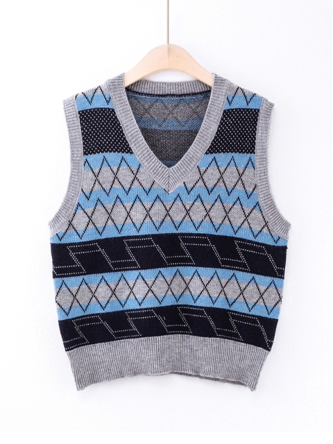 

URBANIC Women Blue & Grey Melange Argyle Patterned Sweater Vest