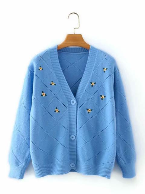 

URBANIC Women Blue Self Checked Cardigan with Embroidered Detail