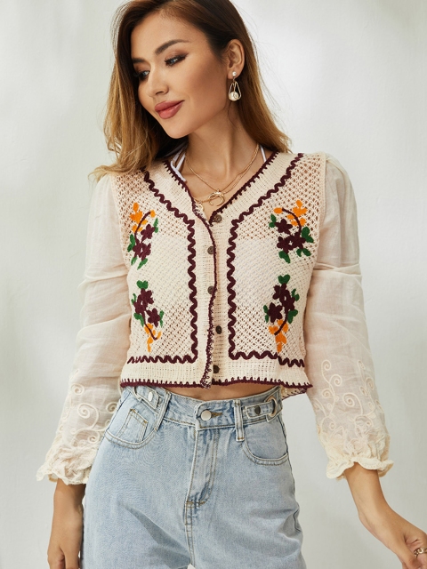 

URBANIC Women Beige & Maroon Floral Crop Cardigan with Embroidered Detail