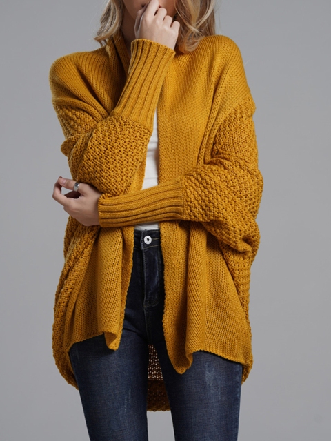 

URBANIC Women Mustard Yellow Acrylic Solid Longline Waterfall Neck Front-Open Sweater