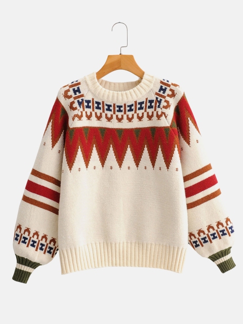 

URBANIC Women Off White & Red Geometric Patterned Pullover