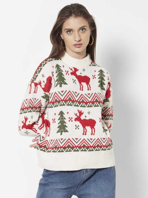 

URBANIC Women White & Red Fair Isle Printed Pullover