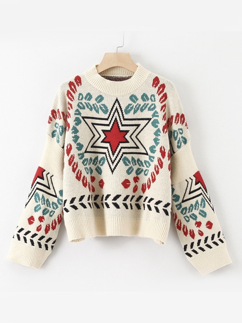 

URBANIC Women Off White & Black Geometric Patterned Pullover