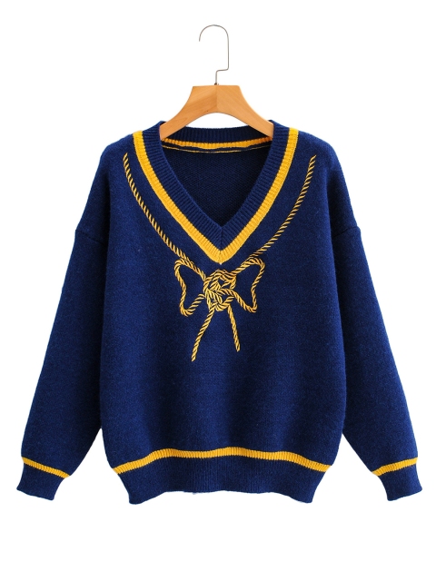 

URBANIC Women Navy Blue & Yellow Bow Self Design Pullover