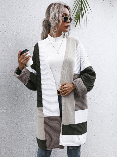 

URBANIC Women Grey & White Colourblocked Longline Front-Open Cardigan