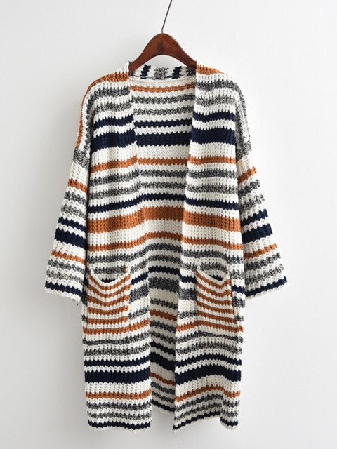 

URBANIC Women Multicoloured Striped Longline Front-Open Cardigan, Multi