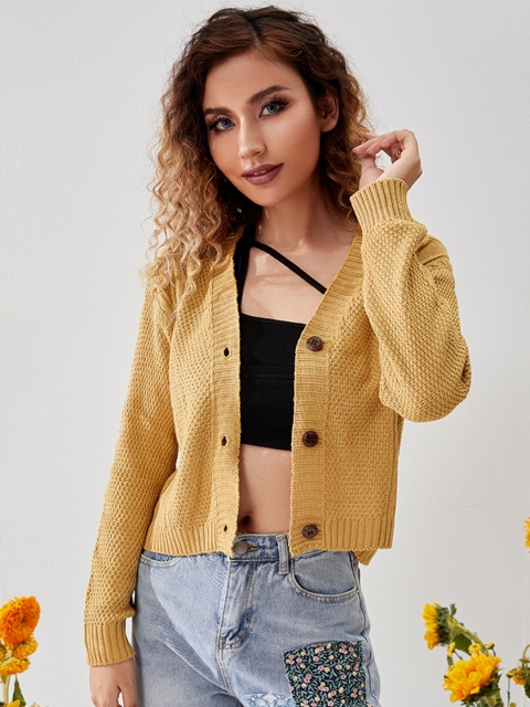 

URBANIC Women Yellow Self Design Cardigan