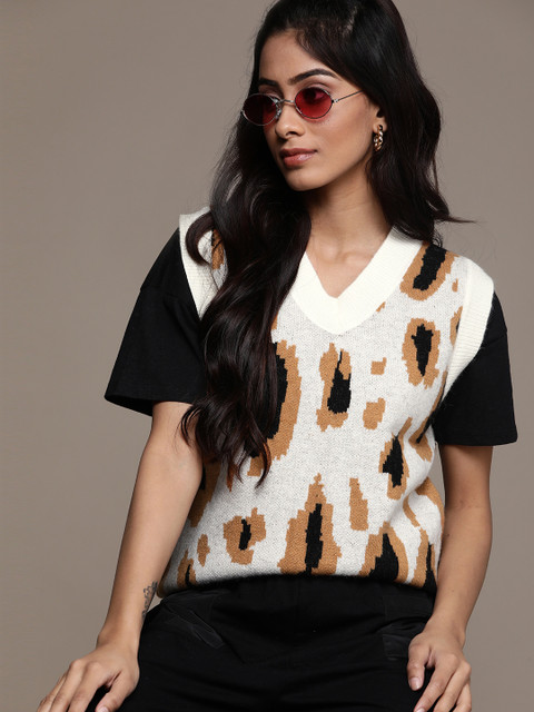 

URBANIC Women Off White & Brown Leopard Print Sweater Vest
