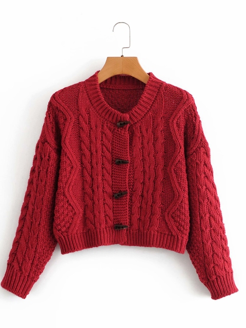 

URBANIC Women Red Cable Knit Cardigan